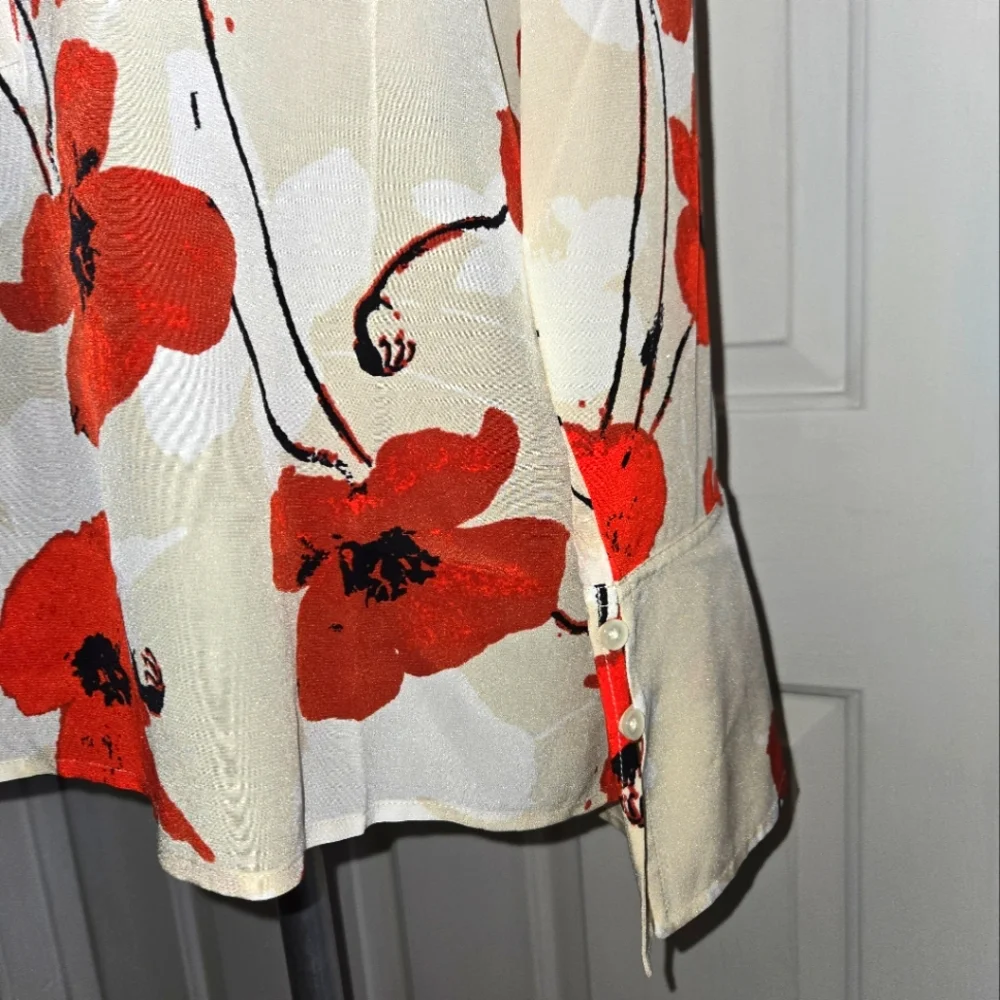 J. Crew Red Poppy Floral Long Sleeve Silk Blouse